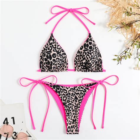Bikini Set Leopard Bändel Neon Pink sexy Brazilian Pantys 36 38