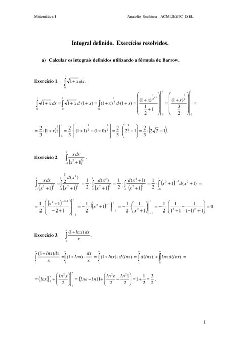 Pdf Integral Definido Exercicios Resolvidos