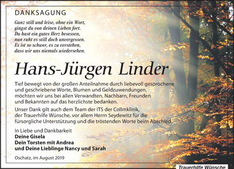 Traueranzeigen von Hans Jürgen Linder trauer anzeigen de