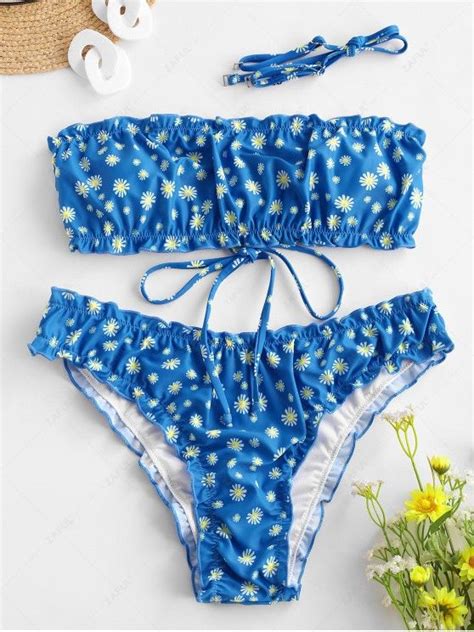 40 OFF POPULAR 2020 ZAFUL Daisy Print Lettuce Bandeau Bikini Set In BLUE ZAFUL