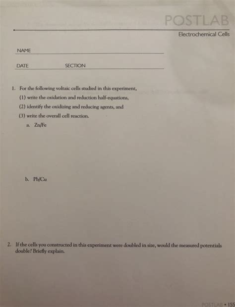 Solved POSTLAB Electrochemical Cells NAME DATE SECTION 1 Chegg