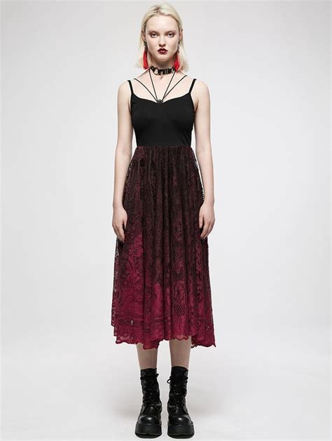 Punk Rave Black And Red Gothic Daily Wear Lace Slip Dress Gothic Prom