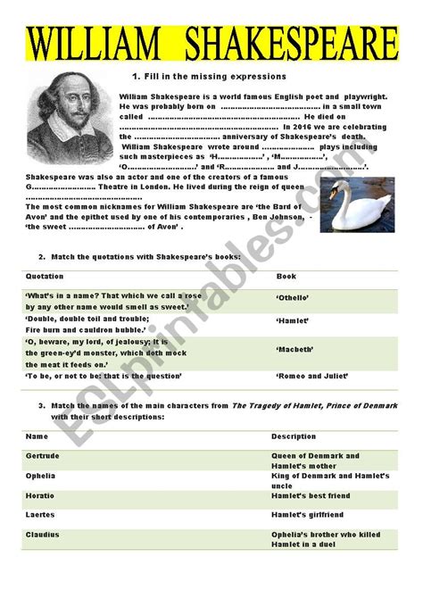 William Shakespeare Esl Worksheet By Szkolaosowa