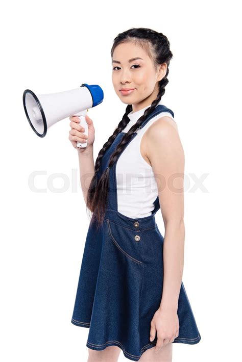 Asian Woman With Loudspeaker Stock Image Colourbox