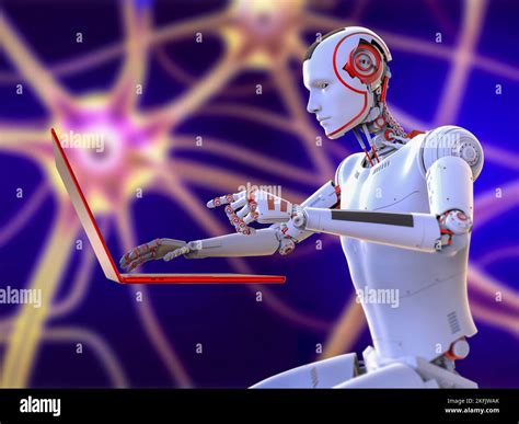 Humanoid Robot Working With Laptop Conceptual Illustration Stock Photo