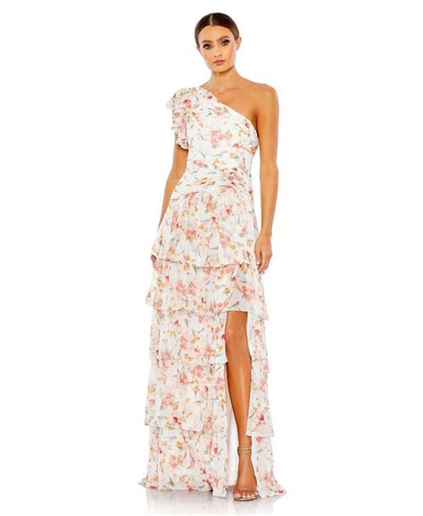 Mac Duggal Womens Ieena Floral Print Ruffle Tiered One Shoulder Gown