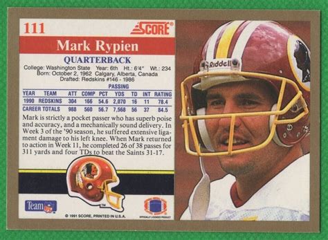 1991 Score 111 Mark Rypien For Sale Online EBay