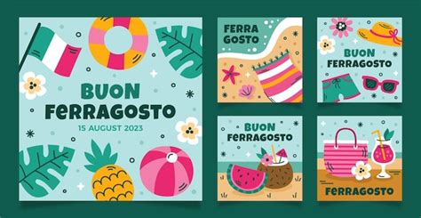 Coleção plana de postagens do instagram para celebração de ferragosto