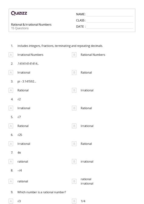 Irrational Numbers Worksheets For Th Grade On Quizizz Free