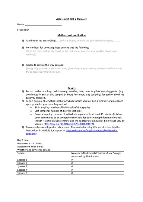 Assessment Task Biodiversity Assessment Template And Rubric