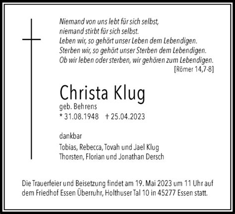 Traueranzeigen Von Christa Klug Trauer In Nrw De