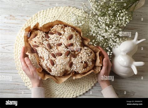 Woman With Delicious Italian Easter Dove Cake Traditional Colomba Di