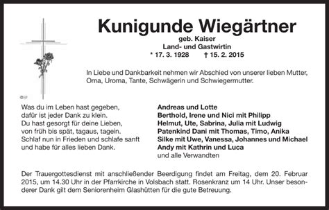 Traueranzeigen von Kunigunde Wiegärtner Nordbayerischer Kurier