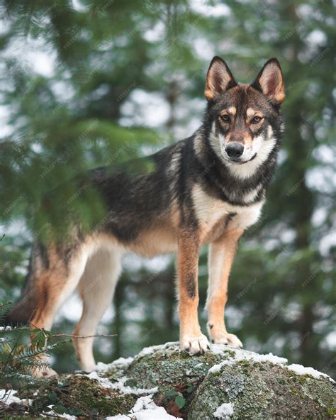 Cachorro Tamaskan Parado Em Uma Rocha Em Uma Floresta Foto Grátis