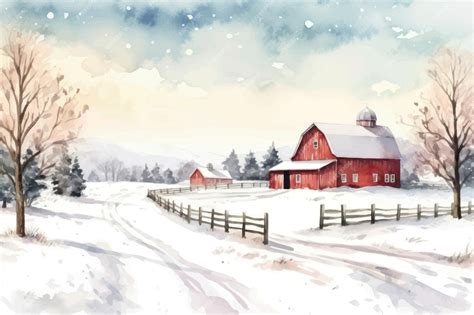 Premium Vector Winter Farm Snowy Landscape Painting