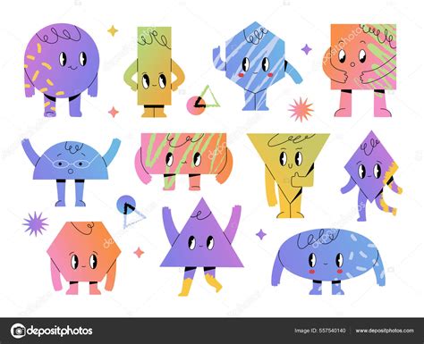 Set Various Basic Geometric Shapes Cute Smiling Face Funny Cartoon