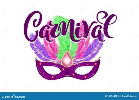 Vector Hand Drawn Carnival Mask With Feathers And Lettering Carnival