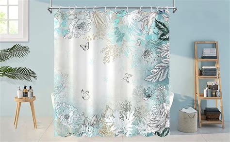 Amazon Zussun Teal And White Floral Shower Curtain Modern Sketch