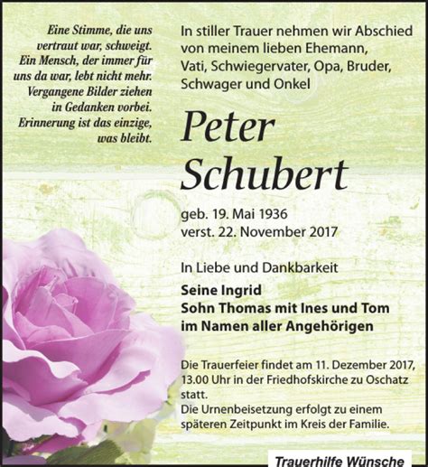 Traueranzeigen Von Peter Schubert Trauer Anzeigen De