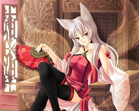 Fox Spirit Nekomimi Kitsune White Hair Bonito Throne Anime Neko