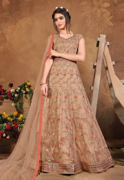 Beige Net Embroidered Long Anarkali Suit