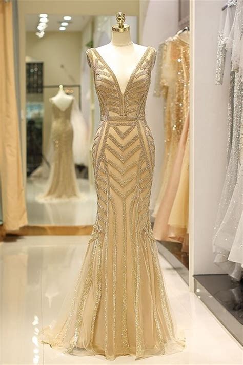 Gorgeous Long Mermaid Gold Prom Special Occasion Dress With V Neck Rhinestones