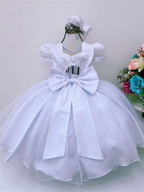 Vestido Infantil Branco Batizado Voal Cinto De P Rolas Rosa Charmosa