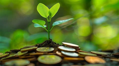 Premium Photo A Seedling Growing On A Pile Of Coins Has A Natural