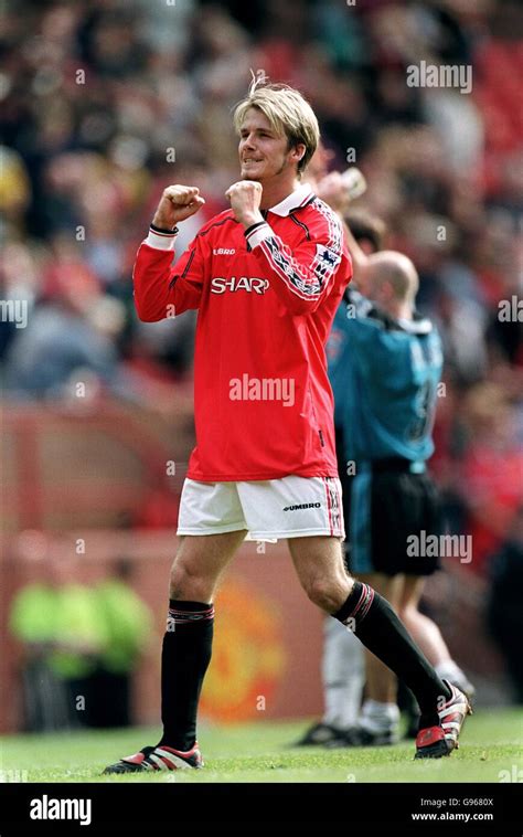 Manchester Uniteds David Beckham Celebrates Their Victory Over Aston