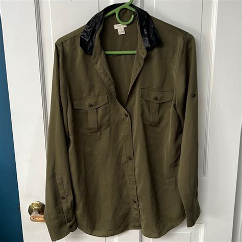 J Crew Tops Jcrew Army Green With Black Fake Leather Collar Button Up Blouse Size S Poshmark