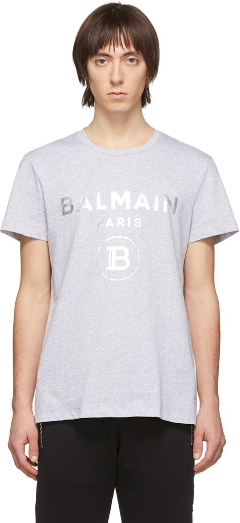 Balmain Grey Silver Logo T Shirt SSENSE