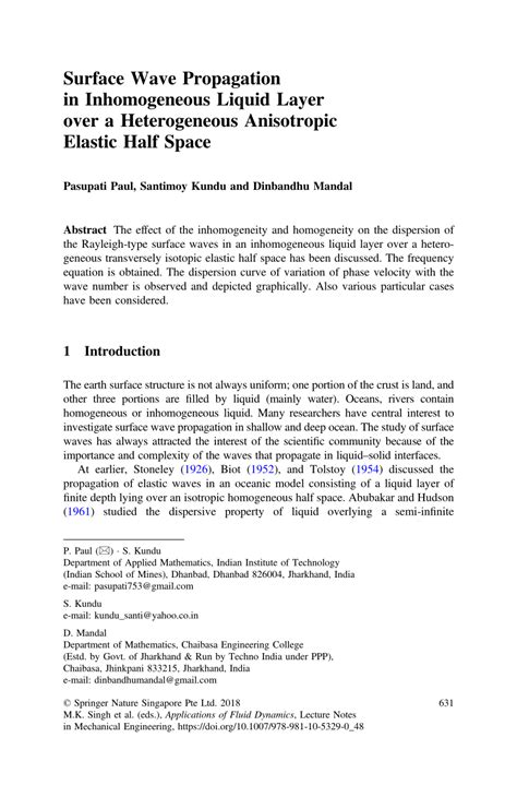 Pdf Surface Wave Propagation In Inhomogeneous Liquid Layer Over A