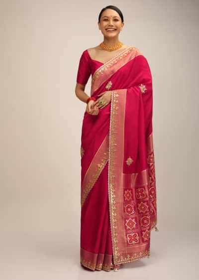 Buy Rani Pink Saree In Silk With Brocade Geometric And Floral Design On