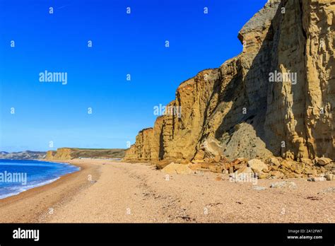 Hive Beach Sandstone Cliff Falls Danger Near West Bay Coast Resort Jurassic Coast Crumbling