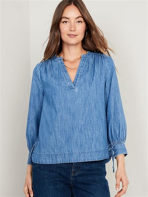 Split Neck Puff Sleeve Jean Blouse Old Navy