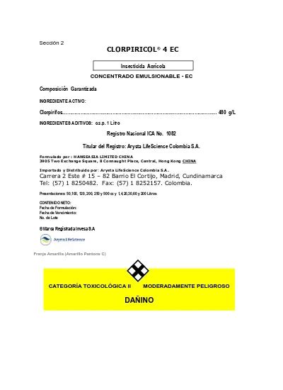 Insecticida Agrícola CONCENTRADO EMULSIONABLE EC Clorpirifos 480 g l