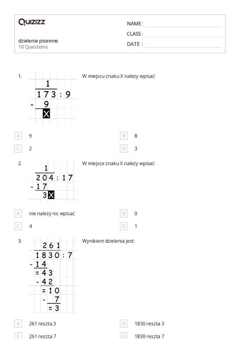 Ponad Dzielenie Pisemne Arkuszy Roboczych Dla Klasa W Quizizz