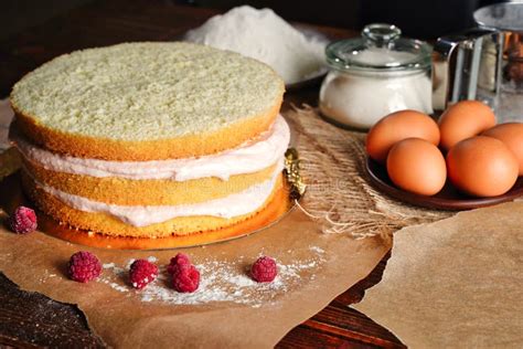 Homemade Naked Layered Vanilla Cake With Whipped Cream And Fresh