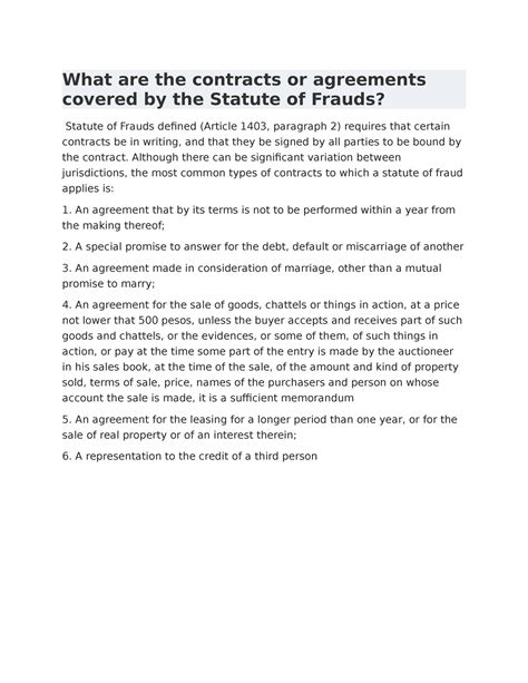 Statute Of Frauds What Are The Contracts Or Agreements Covered By The