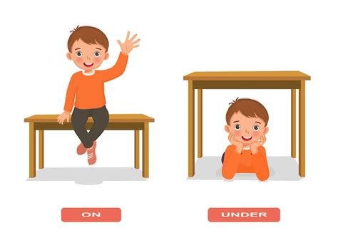 Preposición De Lugar Ilustración Niño Sentado Sobre Y Debajo De La Mesa