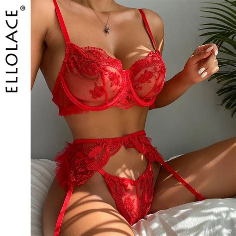 Ellolace Sensual Lingerie Red Lace Transparent Bra Garters Thongs