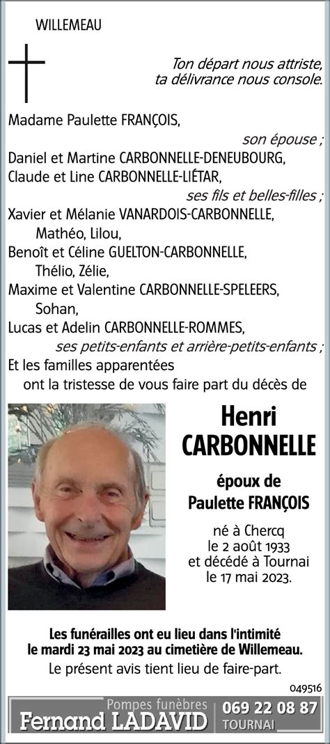 Avis De Décès De Henri Carbonnelle Décédé Le 17 05 2023 à Tournai