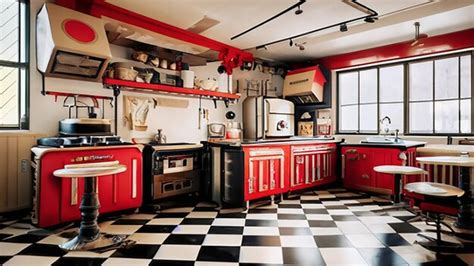 Premium AI Image | Retro diner style kitchen with a checkerboard floor ...