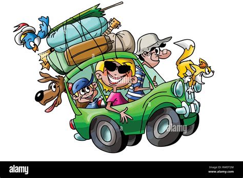 Cartoon Familie Urlaub Mit Ihrem Auto Voll Geladen Vector Illustration