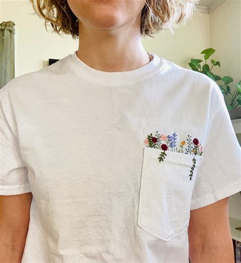 Hand Embroidered Floral White Pocket T Shirt Wildflower Etsy