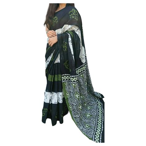 Shop Green White Colour Bagru Print Saree GI Heritage