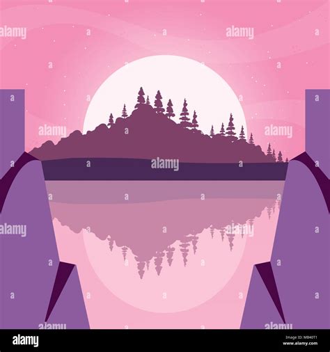 Sunset Landscape At The Lakes With Trees Colorful Design Vector