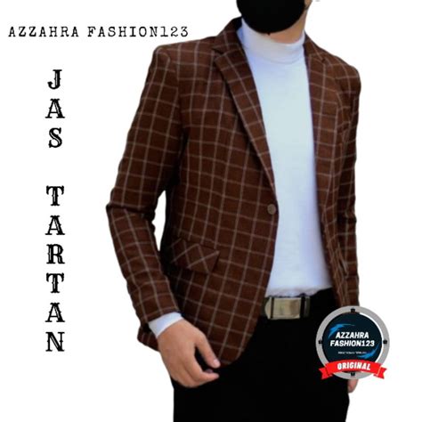 Jual Jas Motif Kotak Kotak Blazer Tartan Pria Slimfit Fitting Coklat