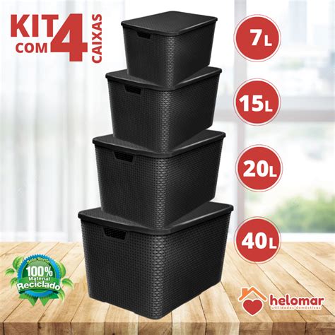 Kit 4 Cestos Caixas Organizadoras Tampa Rattan Empilhável Multiuso