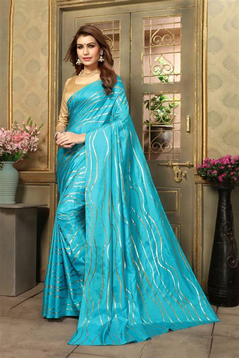 Sky Blue Printed Silk Blend Saree With Blouse Pari Designer 2793317